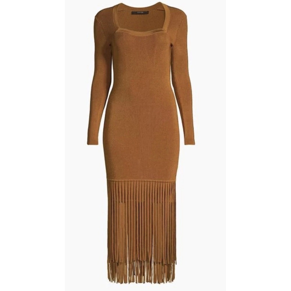 Toccin Mila Fringe Long Sleeve‎ Midi Dress Size XS Bronze Knit Anthropologie NWT